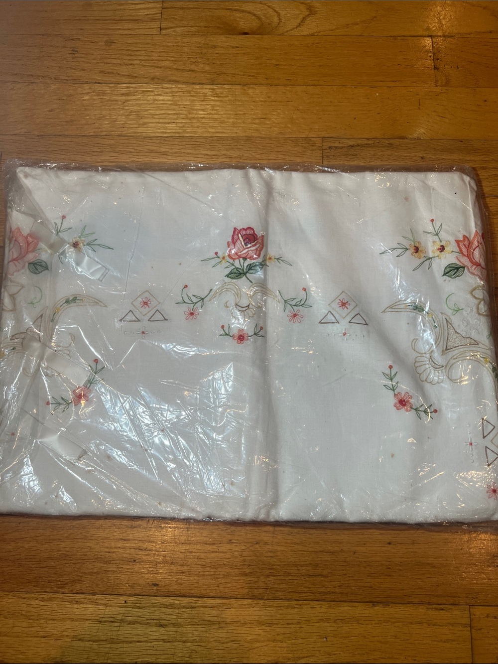 Embroidered Floral Tablecloth - White with Pink & Green Accents